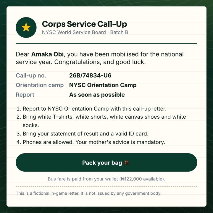 In-game screenshot: the Corps Service Call-Up letter with a Pack your bag button