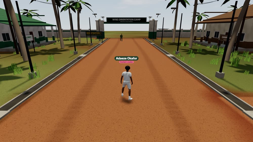 In-game screenshot: a corper walking down the red-earth road towards the camp gate