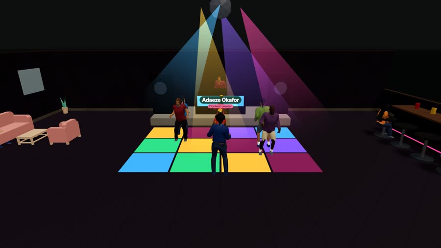 In-game screenshot: a lounge with a lit dance floor and sofas