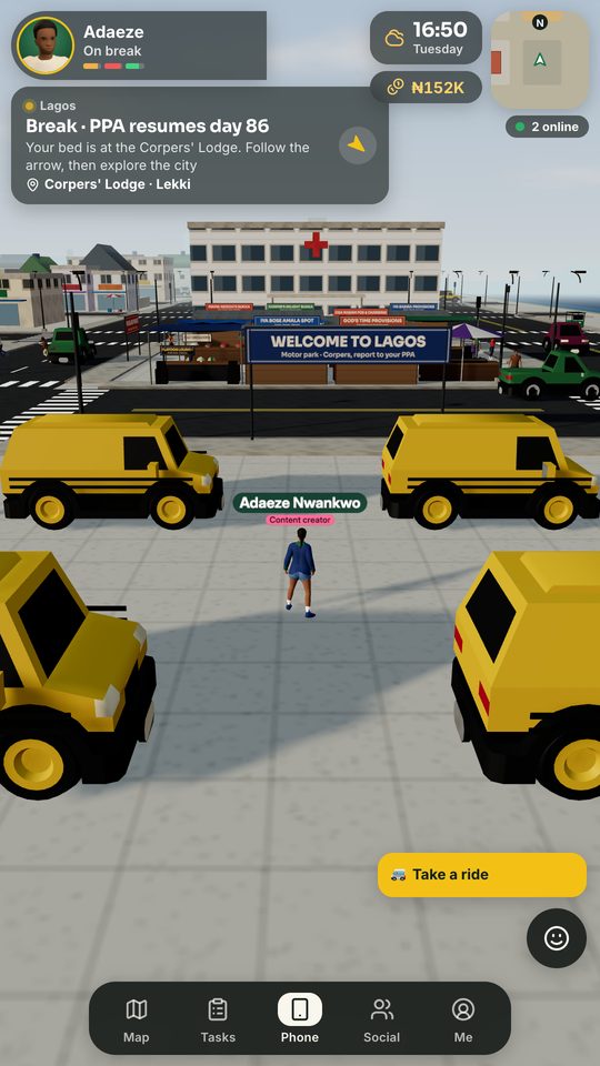 In-game phone screenshot: a corper on a Lagos street at dusk with yellow danfo buses and the game's HUD