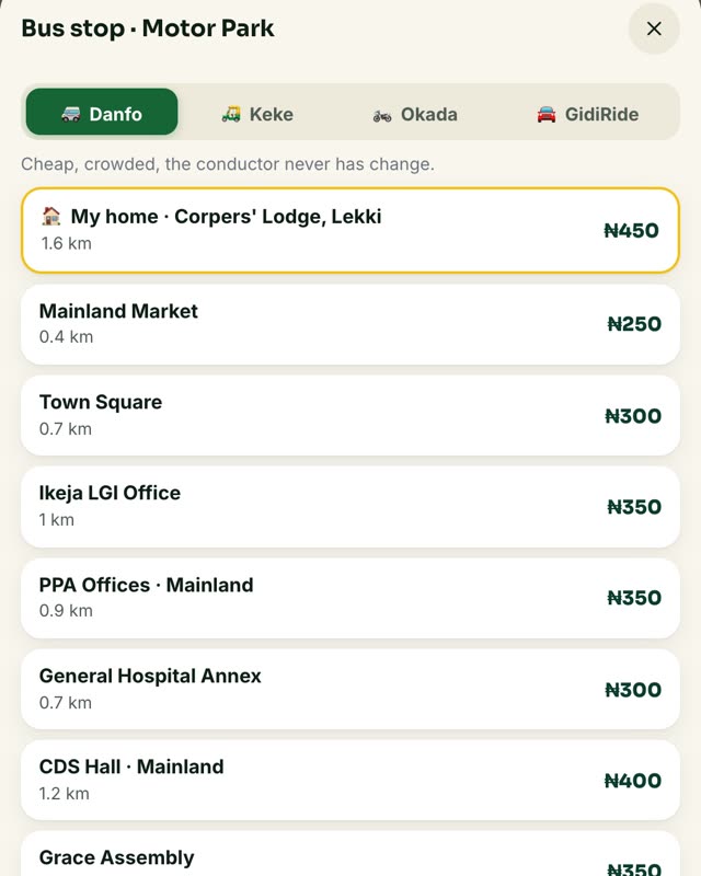 In-game screenshot: the bus stop menu with Danfo, Keke, Okada and GidiRide tabs and fares to places around Lagos
